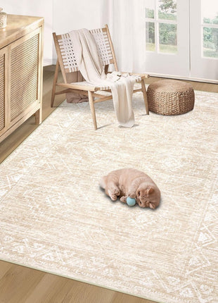 Moroccan Large Area Rug 5X7 - Soft Machine Washable Geometric Boho Distressed Farmhouse Rug Morden Stain Resistant Indoor Floor Carpet for Bedroom Dining Table Nursery Home Office (5 X 7, Beige)