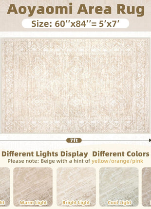 Moroccan Large Area Rug 5X7 - Soft Machine Washable Geometric Boho Distressed Farmhouse Rug Morden Stain Resistant Indoor Floor Carpet for Bedroom Dining Table Nursery Home Office (5 X 7, Beige)