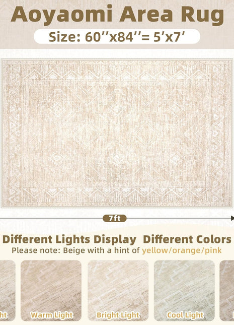 Moroccan Large Area Rug 5X7 - Soft Machine Washable Geometric Boho Distressed Farmhouse Rug Morden Stain Resistant Indoor Floor Carpet for Bedroom Dining Table Nursery Home Office (5 X 7, Beige)