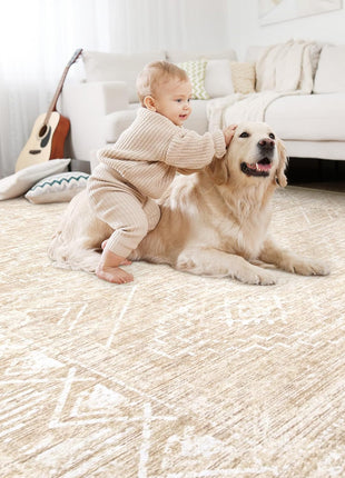 Moroccan Large Area Rug 5X7 - Soft Machine Washable Geometric Boho Distressed Farmhouse Rug Morden Stain Resistant Indoor Floor Carpet for Bedroom Dining Table Nursery Home Office (5 X 7, Beige)