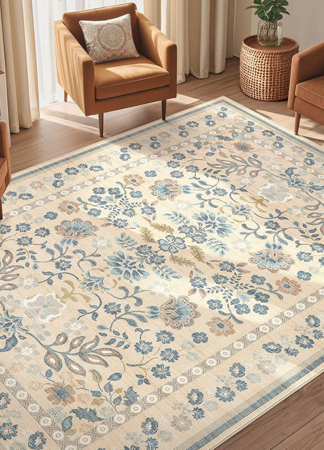 5X7 Area Rug Living Room Rugs - Washable Boho Vintage Floral Large Soft Non Slip Thin Rug Low Pile Carpet for Bedroom Dining Room Kids Playroom Office Decor Indoor- Multi Color