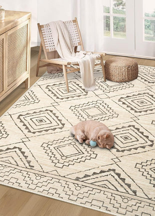 Moroccan Large Area Rug 5X7 - Soft Machine Washable Geometric Boho Distressed Farmhouse Rug Morden Stain Resistant Indoor Floor Carpet for Bedroom Dining Table Nursery Home Office (5 X 7, Beige)