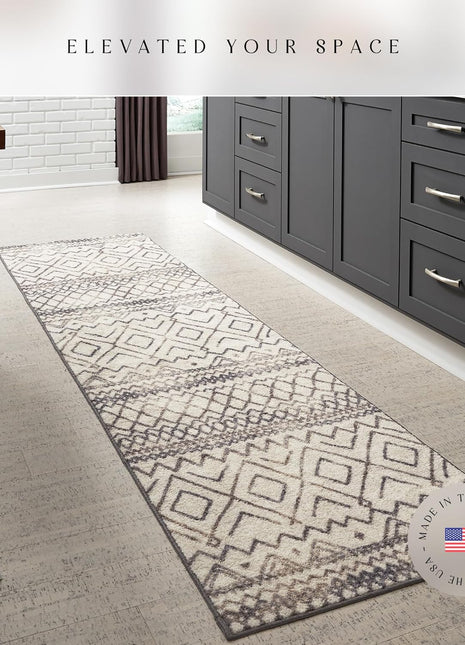 Abstract Diamond Modern Distressed Non Slip Runner Rug for Hallway Entry Way Floor Carpet [Made in USA], 2'6 X 10, Neutral