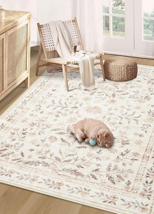 Moroccan Large Area Rug 5X7 - Soft Machine Washable Geometric Boho Distressed Farmhouse Rug Morden Stain Resistant Indoor Floor Carpet for Bedroom Dining Table Nursery Home Office (5 X 7, Beige)